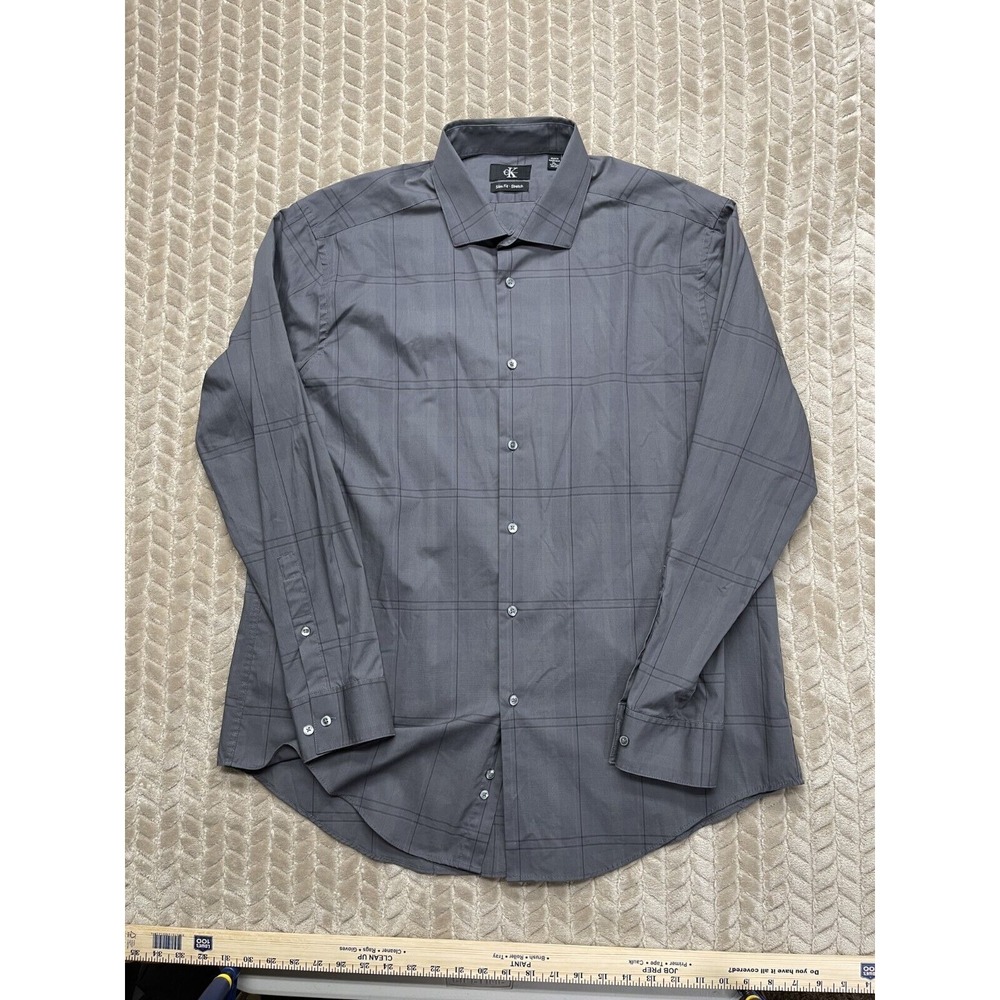 Calvin Klein Button Down Shirt Mens XL Grey Slim Fit Stretch‎ Windowpane - Picture 3 of 12